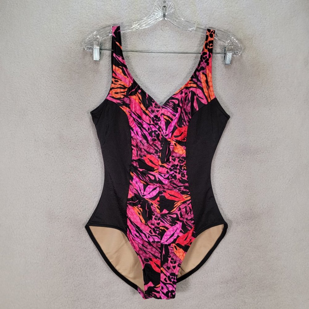 Vintage 80s The Slim Suit Black Neon Geometric Print V Neck One Piece Swimsuit